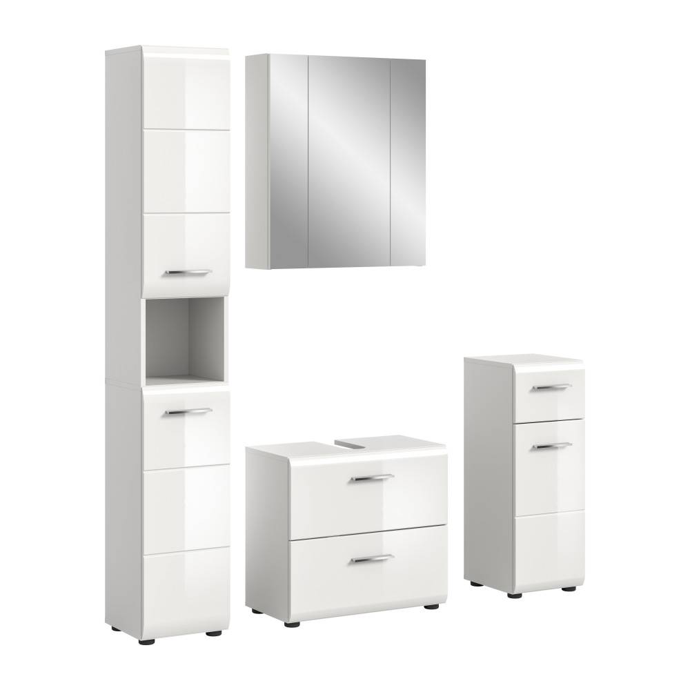 Vierteiliges weißes Hochglanz Badmöbel Set mit Hochschrank, Spiegelschrank und zwei Unterschränken – Clona