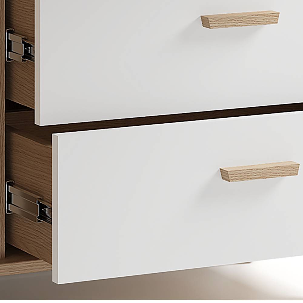 Weiße Schubladen mit Holzgriffen und stabilen Auszügen des Kombi-Highboards im Detail – Demphis