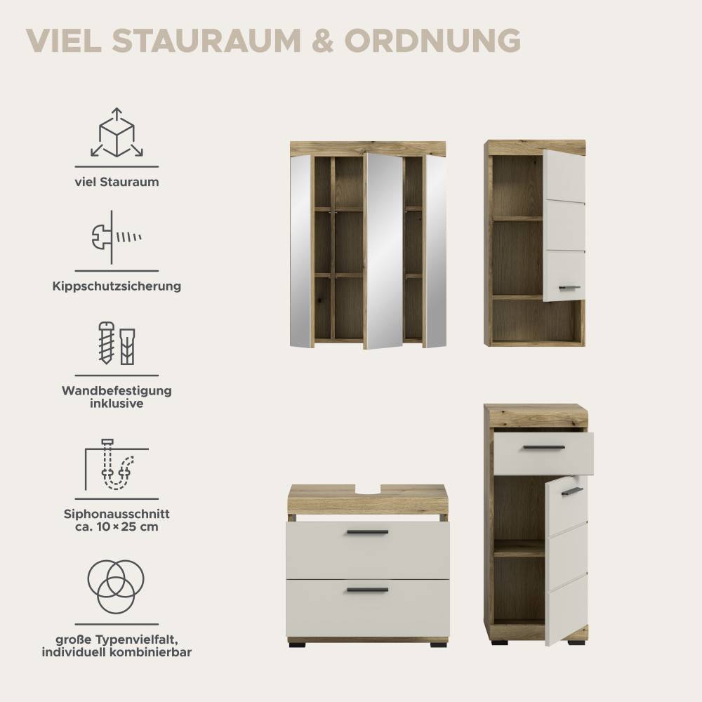 Viel Stauraum, Kippschutzsicherung, Wandbefestigung und Siphonausschnitt für flexible Badgestaltung – Casserra