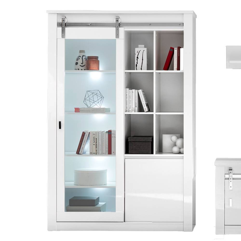 Beleuchteter Vitrinenschrank der weißen Design-Wohnzimmer-Wohnwand Set mit Glasfront – Memphys