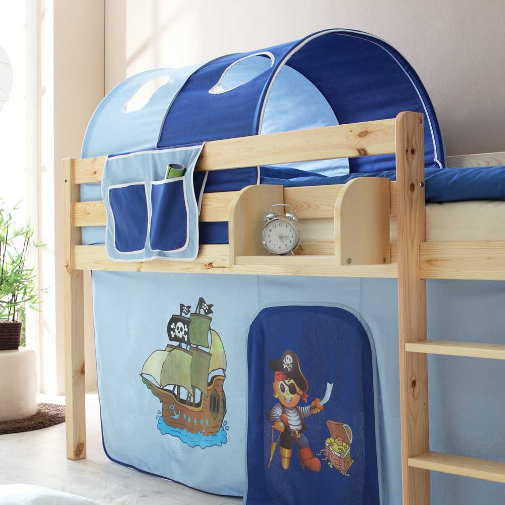 Kinderhochbett Sismail mit Vorhang und Tunnel im Piraten Design