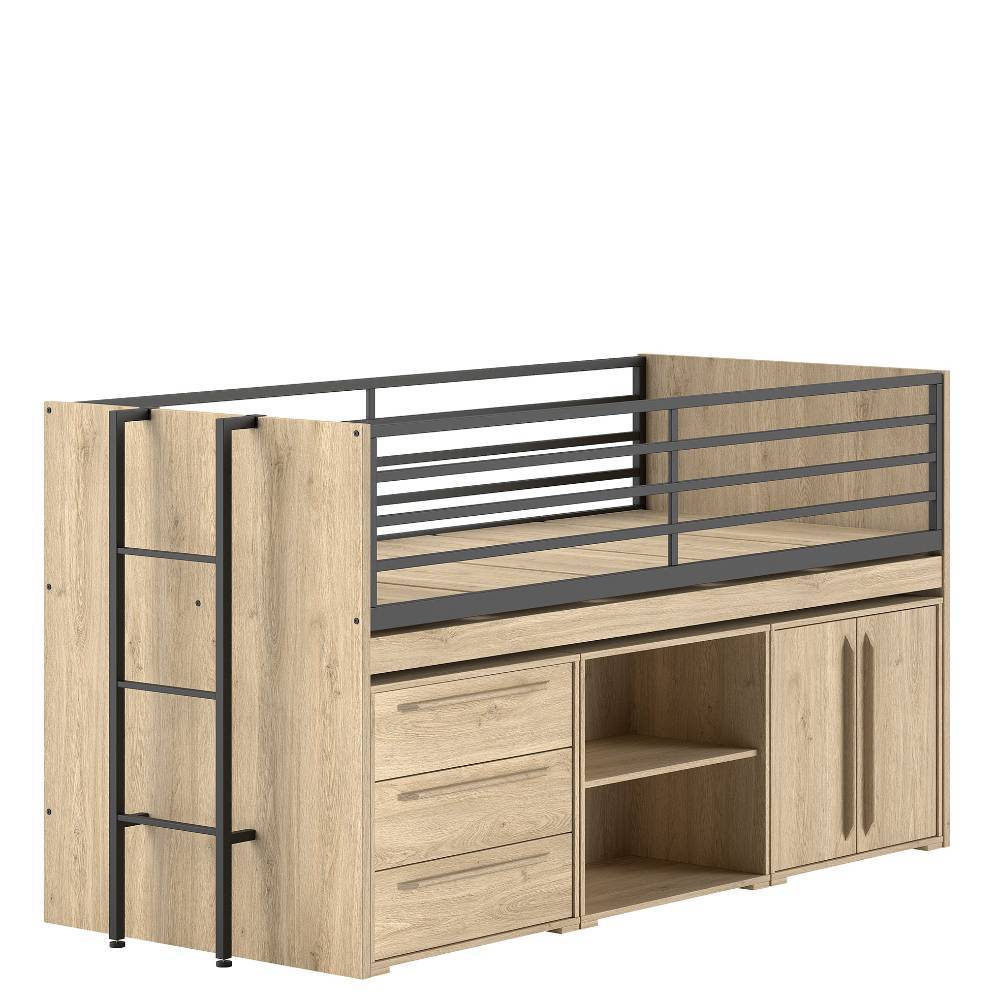 Stauraum-Hochbett in heller Holzoptik mit integrierter Leiter, Schubladen, Regal und Schrank für Kinderzimmer – Choice