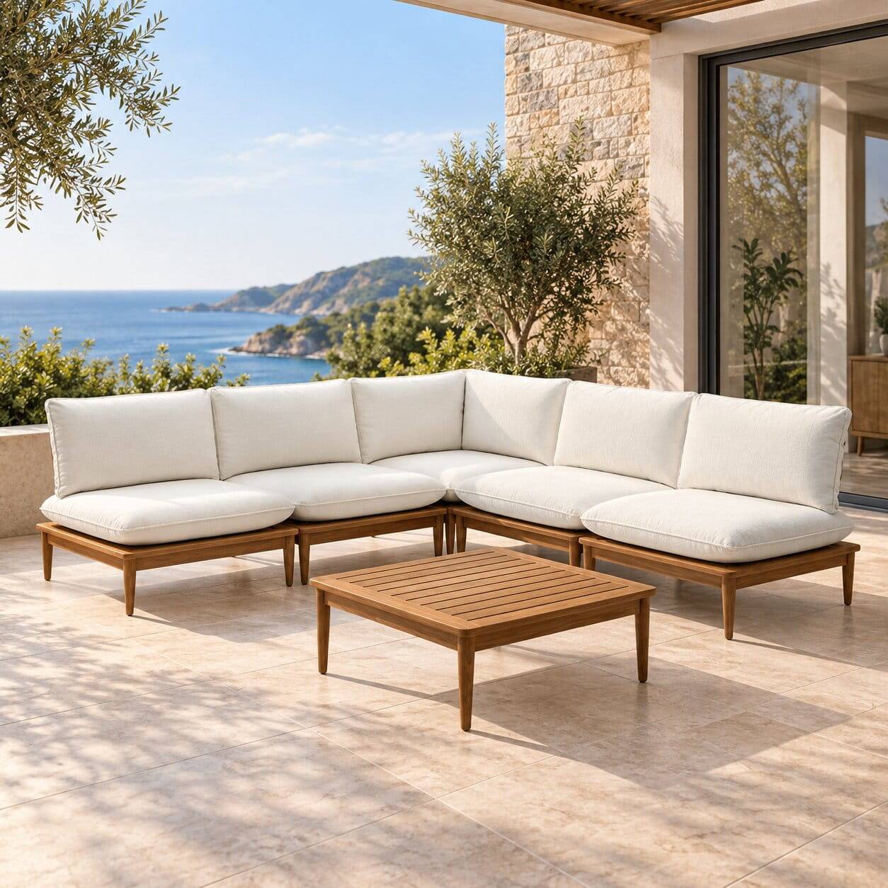 Modul Lounge aus Teak mit Polster Creme und Couchtisch