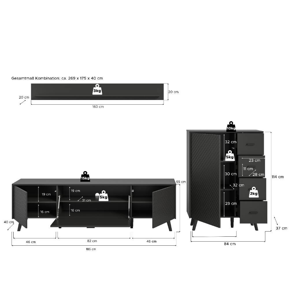 Wohnzimmer Möbel Set in Mattgrau - Adrionata (dreiteilig)