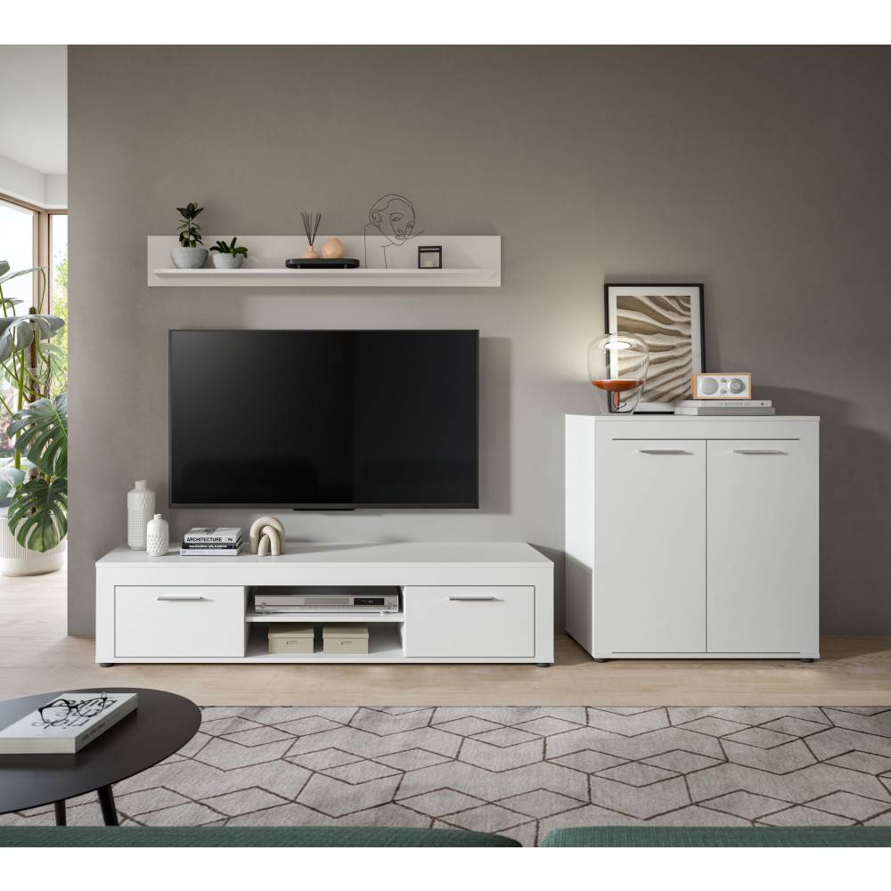 Elegantes weißes TV-Möbel-Set mit Lowboard, Hängeregal und Kommode im Wohnzimmer – Furoro