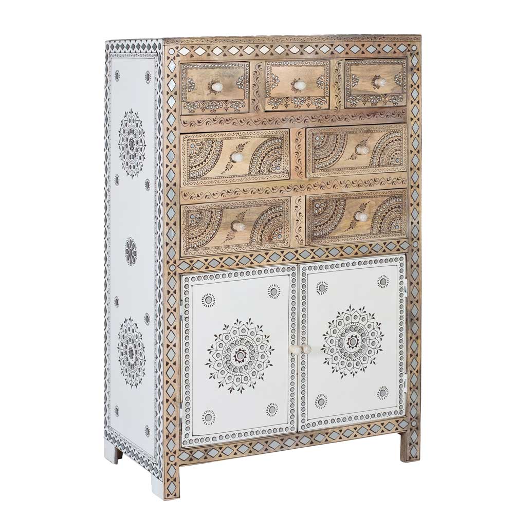 Highboard aus Mangoholz mit kunstvollen Verzierungen, zahlreichen Schubladen und Schranktüren – Magie