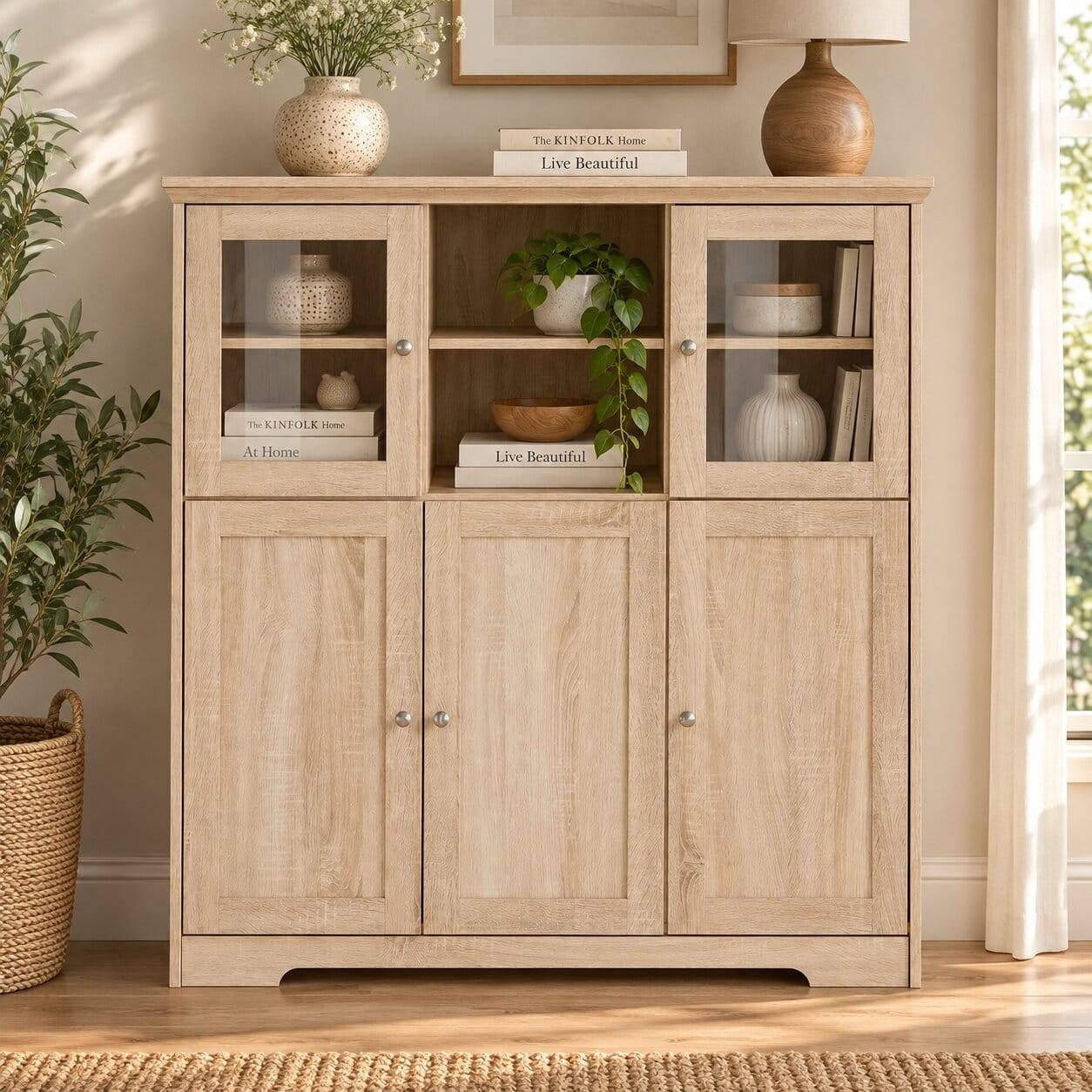 Landhaus Optik Highboard mit 2 Glastüren - Rienva