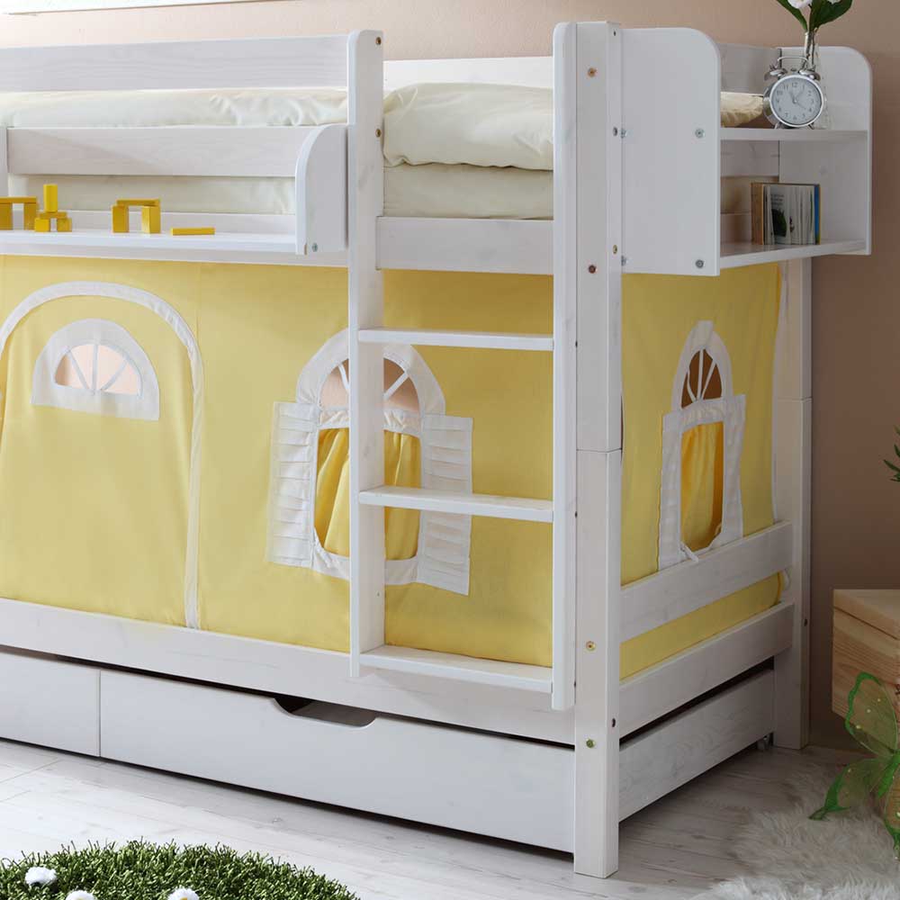 140 cm hohes Kinder Etagenbett in Weiß lackiert - Nino