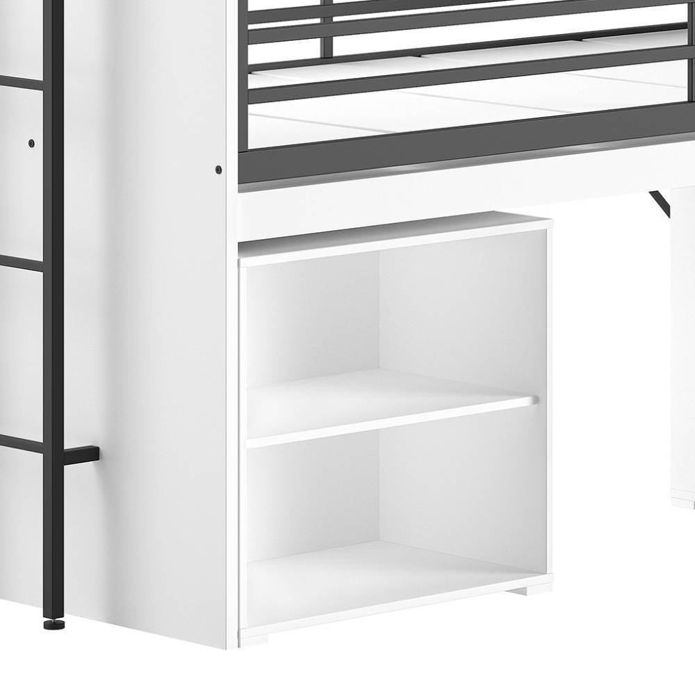 Weißes Regal-Element mit zwei offenen Fächern für Stauraum unter dem Hochbett – Brasovia