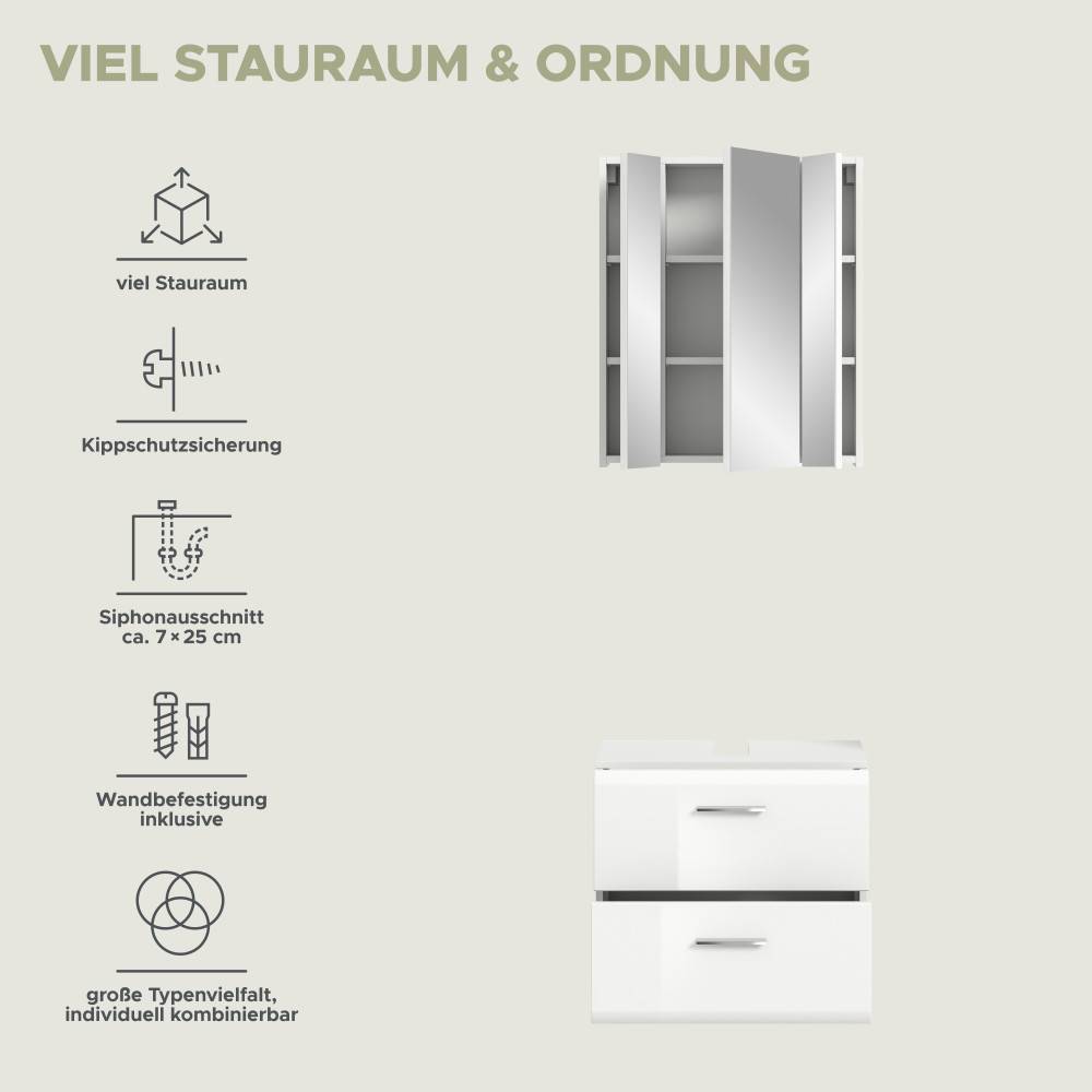 Weißes Waschplatz Set mit abgerundeten Ecken, Spiegelschrank und Waschtischunterschrank mit viel Stauraum – Clona