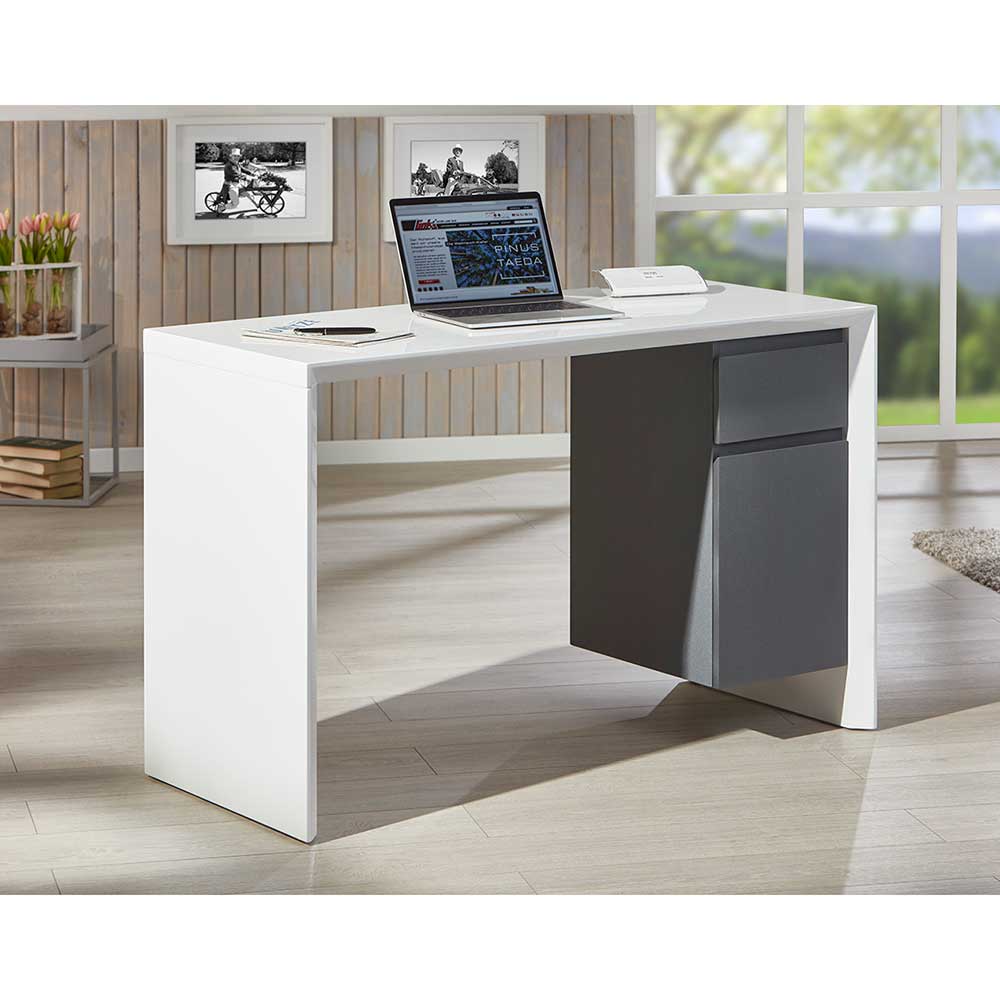 120x50 Hochglanz Schreibtisch in Weiß - Otrando