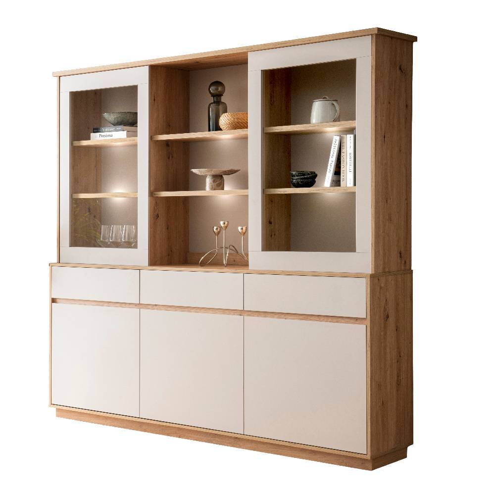 Moderner Buffetschrank in Wildeiche Holzoptik mit Glastüren und cremefarbenen Schubladenfronten – Spain