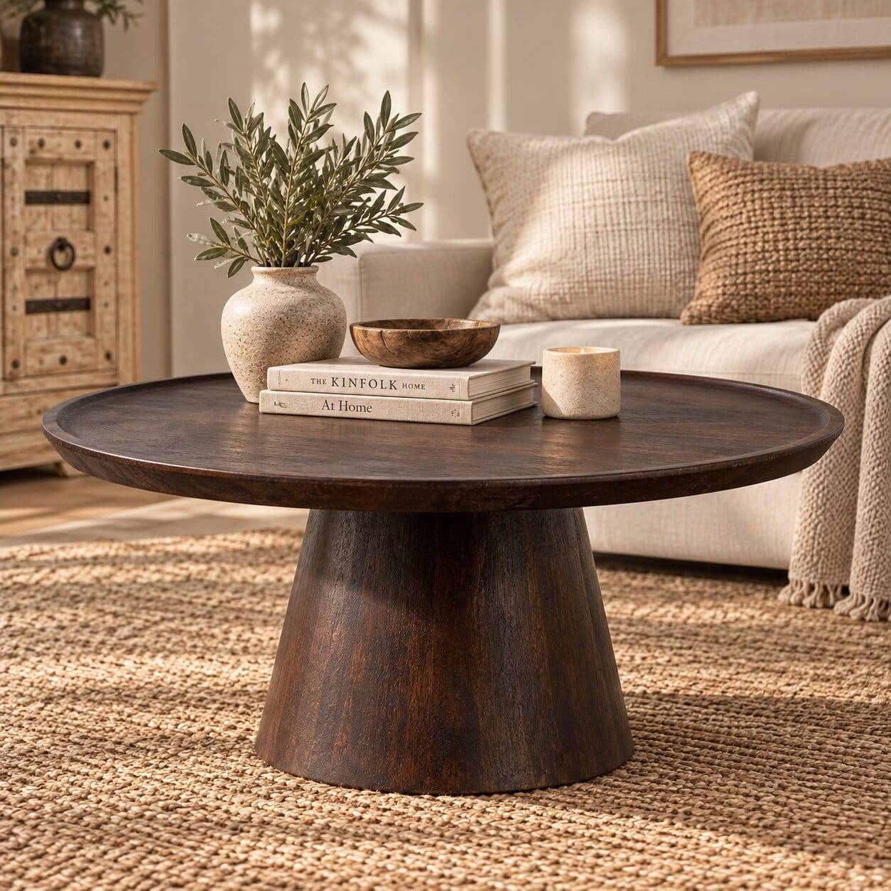 Runder Design Couchtisch aus Mangoholz in dunklem Nussbaum lackiert