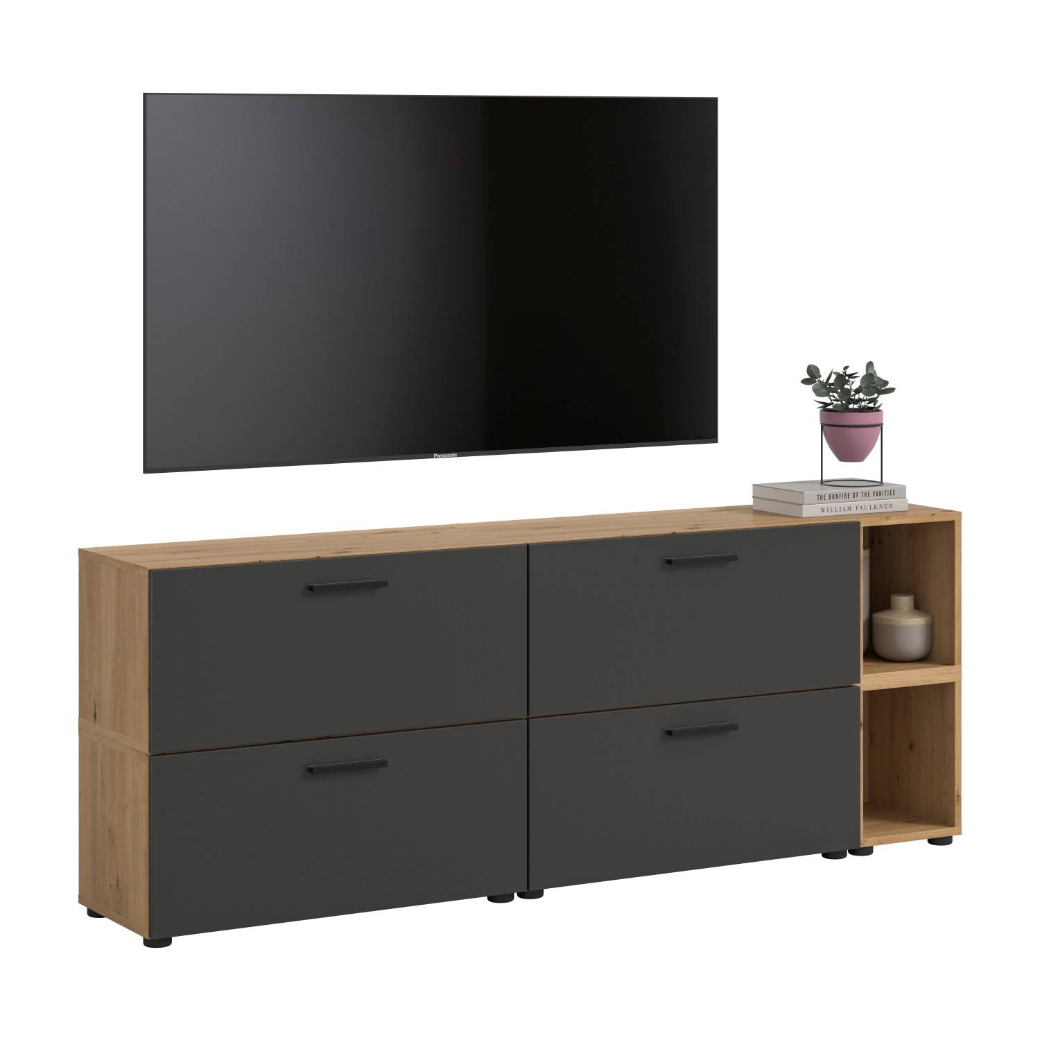 Modernes TV Sideboard mit vier dunkelgrauen Schubladen und offenem Regal in heller Holzoptik – Estoron
