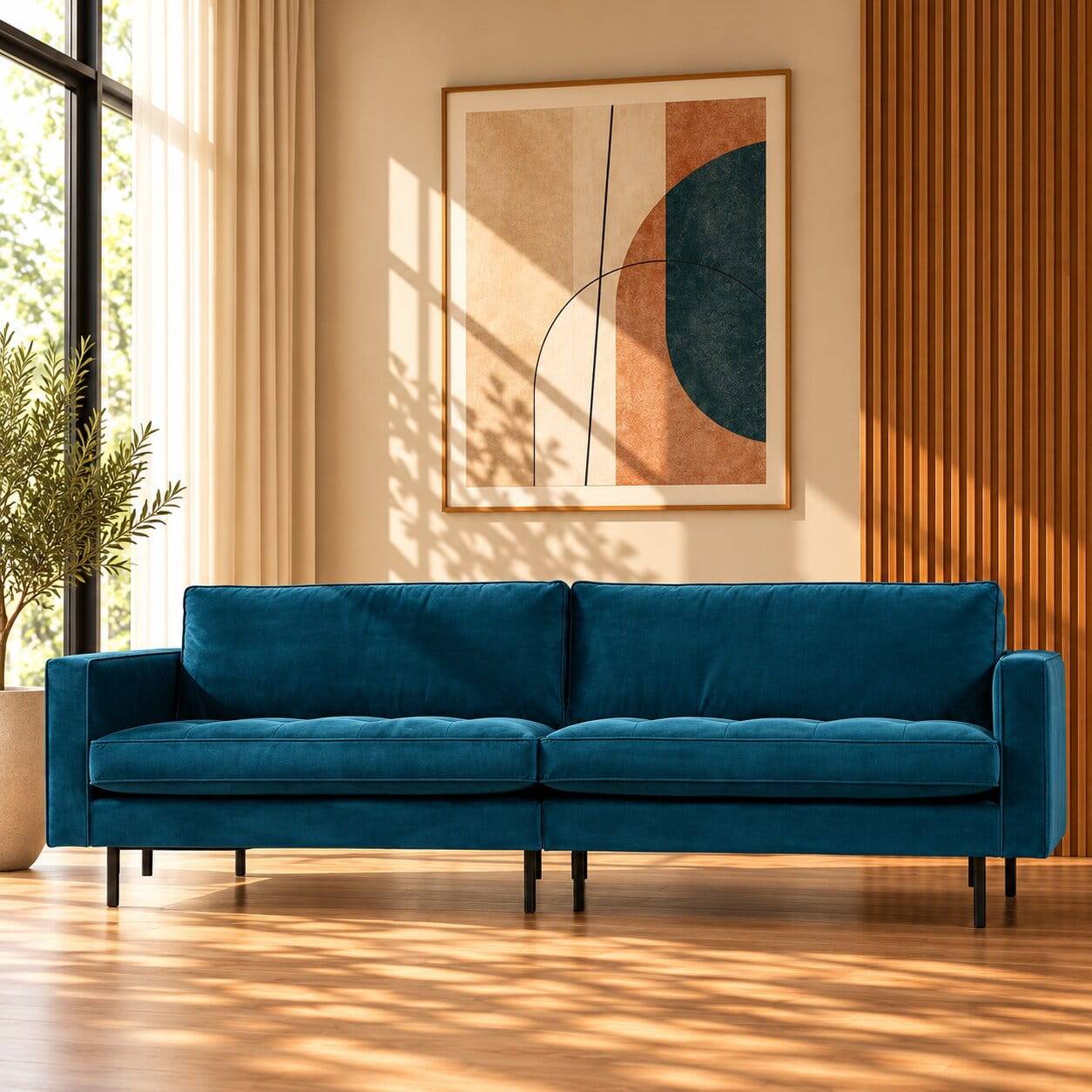 275x83x88 Sofa mit blauem Bezug aus Samt - Cumagon