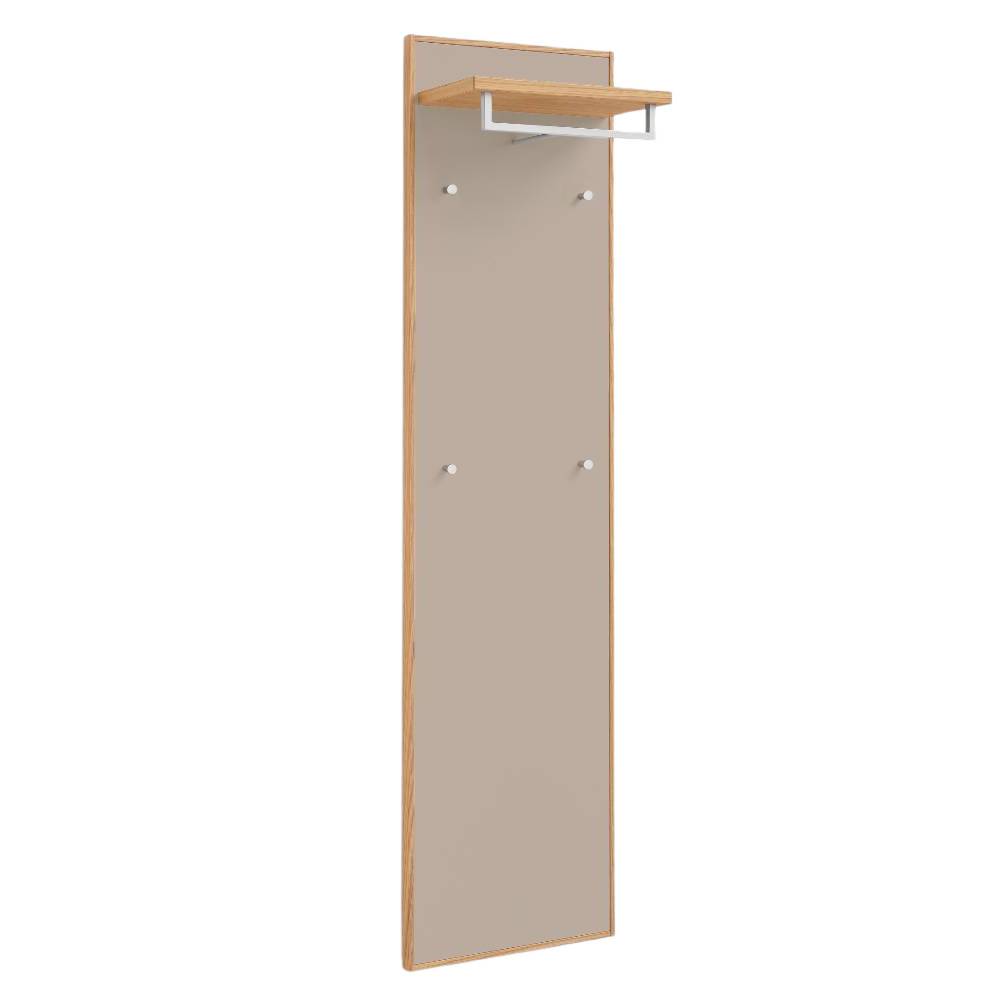 Schmales Garderobenpaneel für den Flur in Beige mit Ablage, Kleiderstange und Haken aus Eiche Bianco – Nova