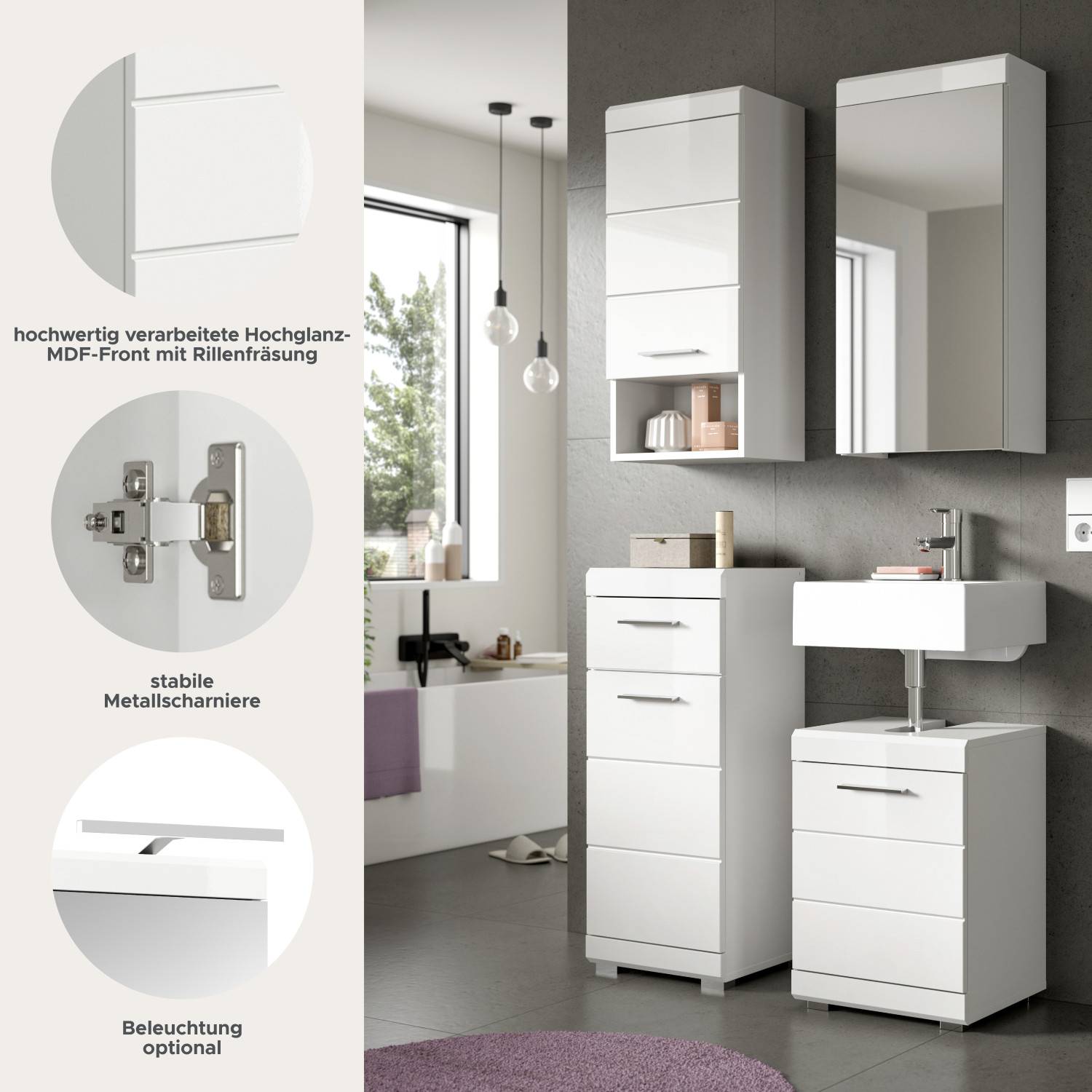 Komplettes vierteiliges Badmöbel Set Nanila in Hochglanz-MDF mit stabilen Metallscharnieren im Bad – Nanila