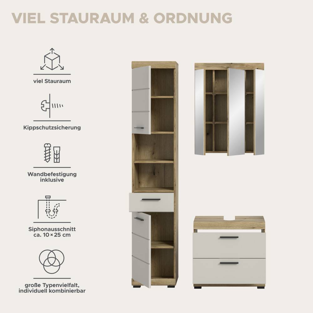 Viel Stauraum, Kippschutzsicherung, Wandbefestigung und Siphonausschnitt für Waschplatz Set – Casserra