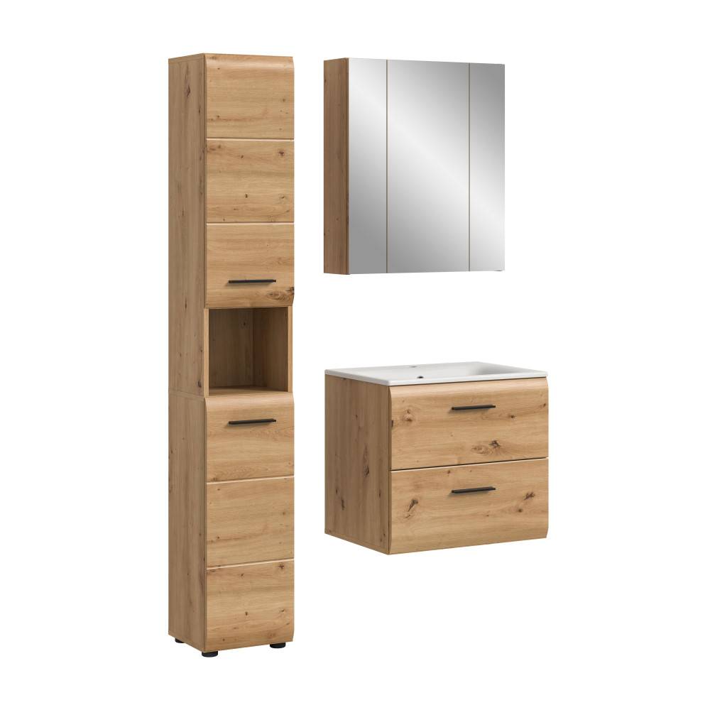 Freigestelltes vierteiliges Badmöbel Set in heller Holzoptik mit Waschtisch und Spiegelschrank – Canopus