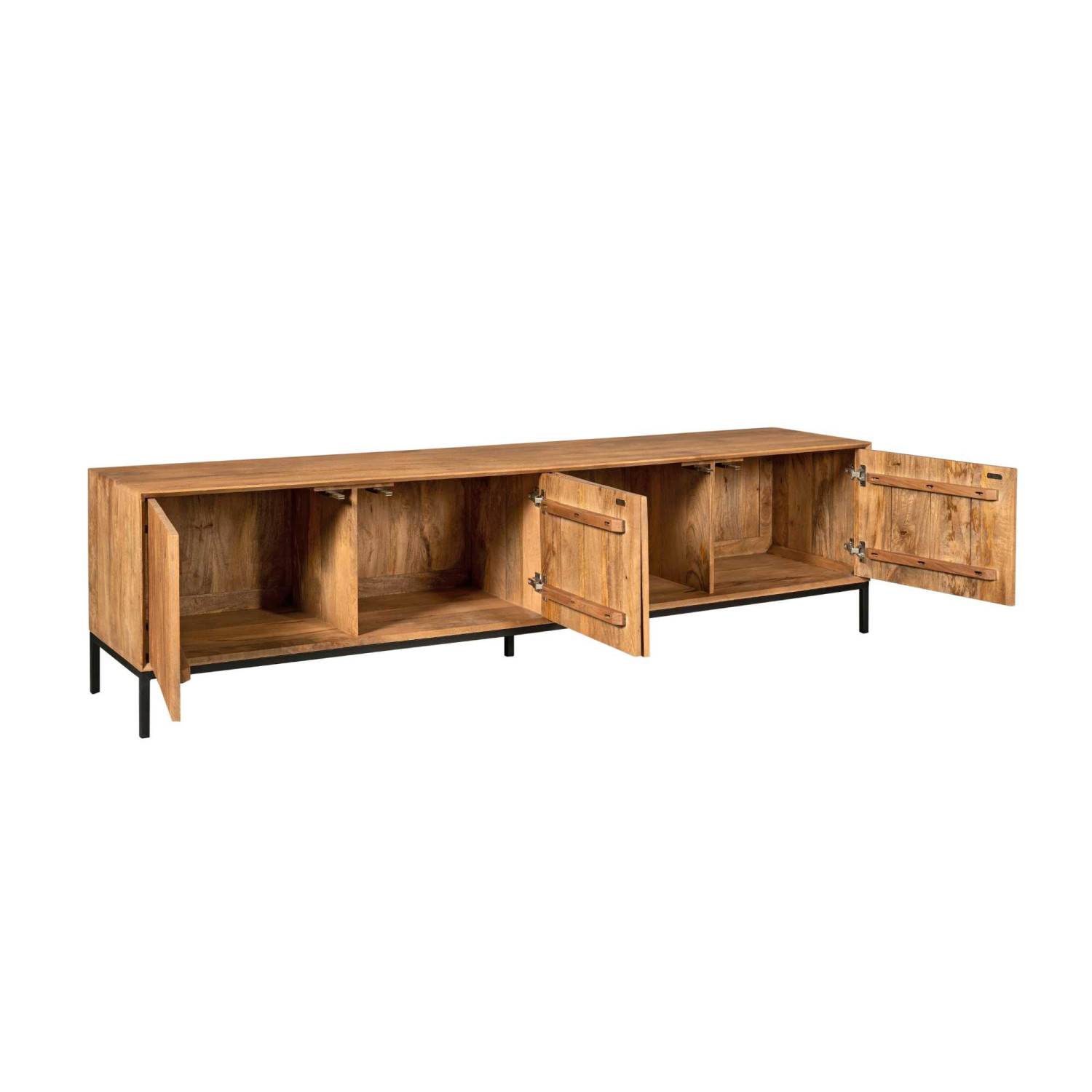 Langes TV Sideboard aus Holz mit offener Lamellenfront und vier Türen, Stauraumfächer auf schwarzen Metallbeinen – Kojas