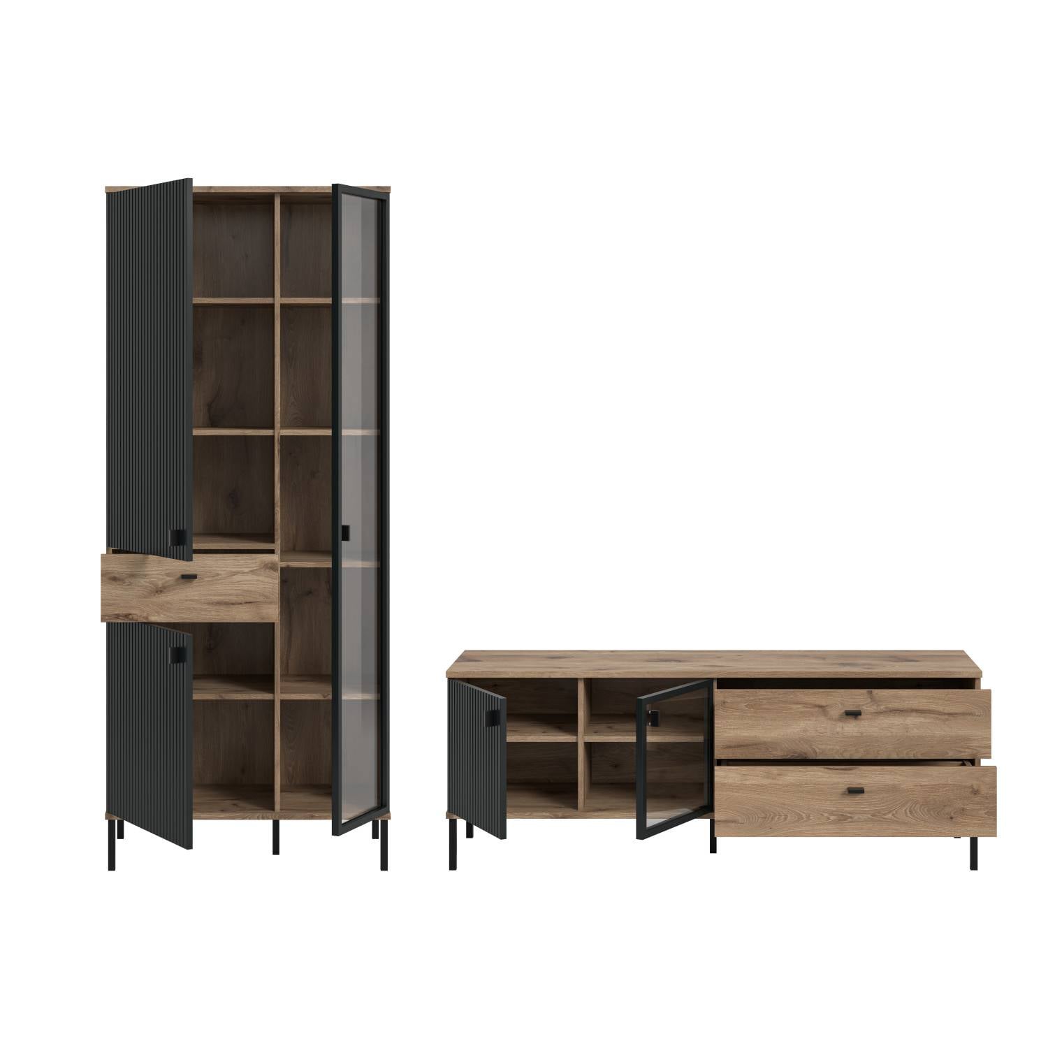 Zweiteilige Anbauwand mit offenem Highboard und Lowboard in Eichenoptik und Anthrazit – Rasmus