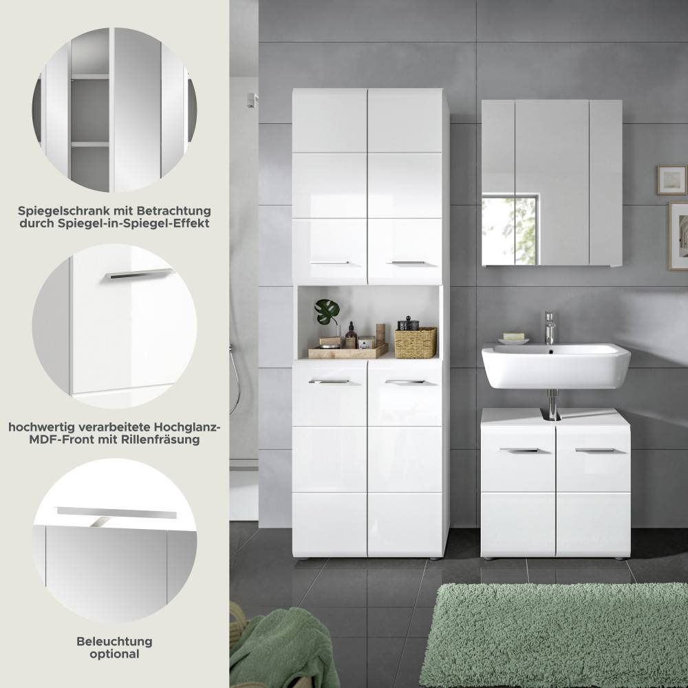 Weißes dreiteiliges Badezimmerset mit Spiegelschrank, Hochglanz MDF-Front und Beleuchtung – Clona