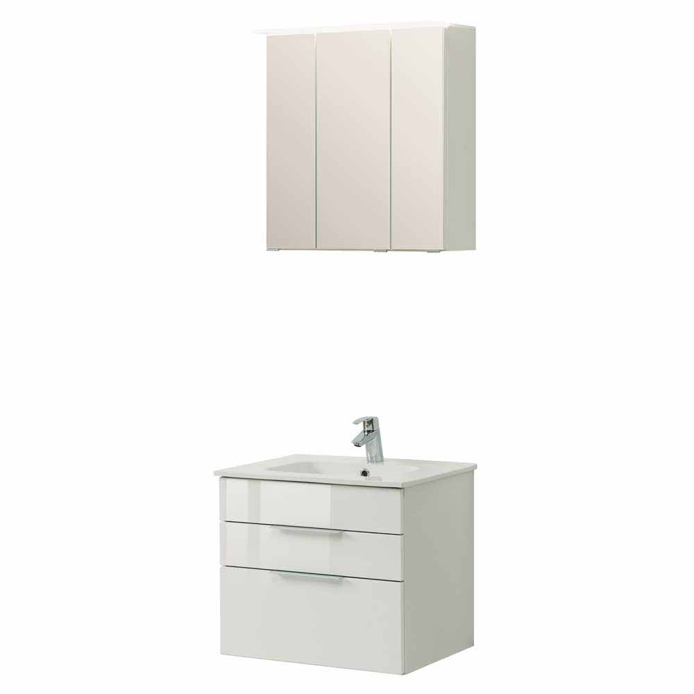 Kompaktes Badmöbel Set in Hochglanz Weiß Juanos mit Waschplatz & Spiegelschrank (zweiteilig)