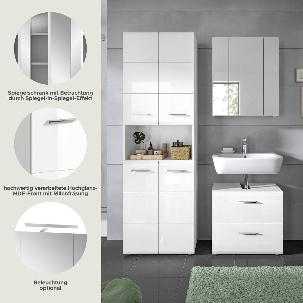 Designmerkmale des Badezimmermöbelsets mit Spiegelschrank, Hochglanz-MDF und optionaler Beleuchtung – Clona