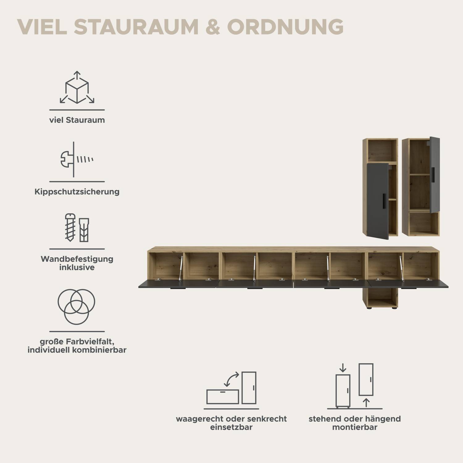 Fernsehwand mit viel Stauraum, Wandbefestigung und flexiblen Montagemöglichkeiten – Estoron