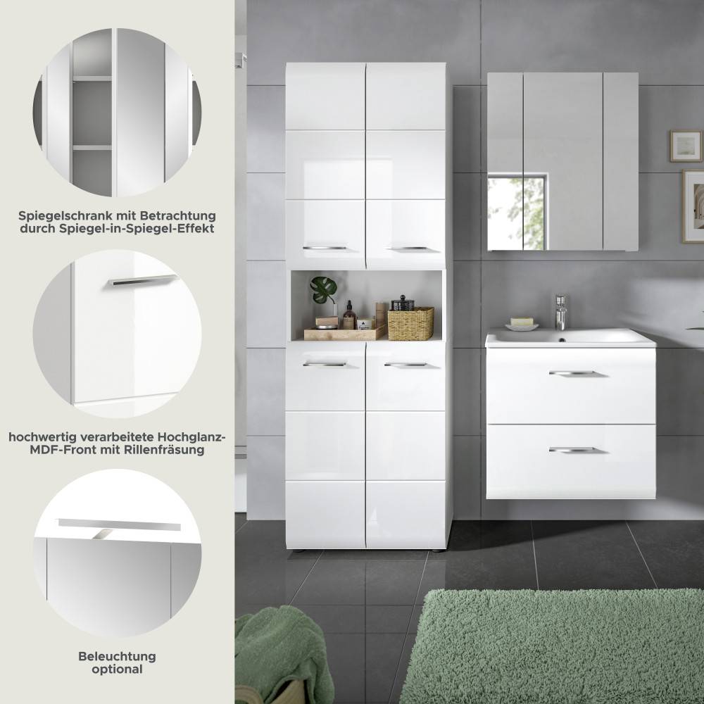 Hochwertiges Badmöbel Set mit Spiegelschrank und Hochglanz MDF-Fronten, Beleuchtung optional – Clona