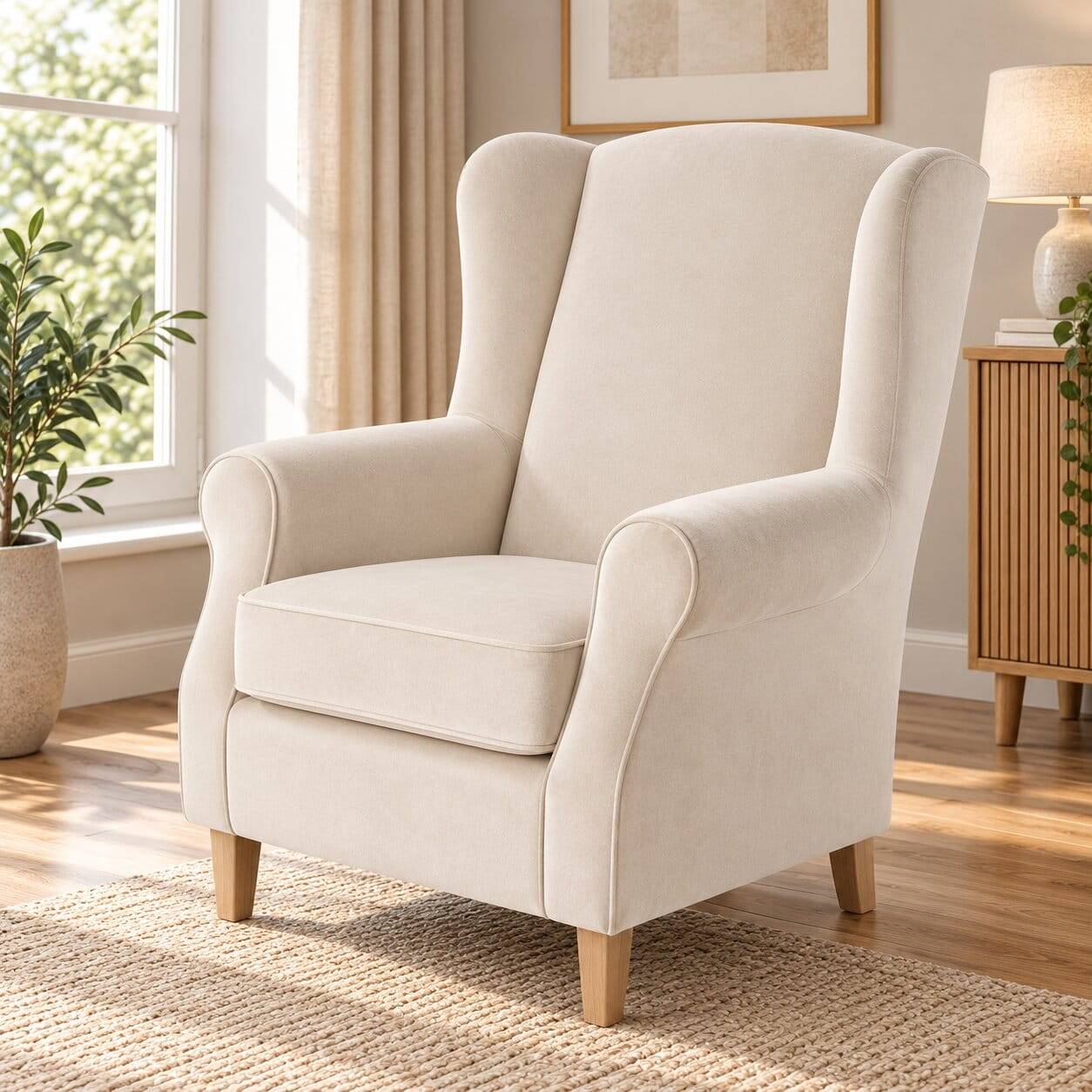 Ohrensessel aus Samtvelours in Creme - Lagonn