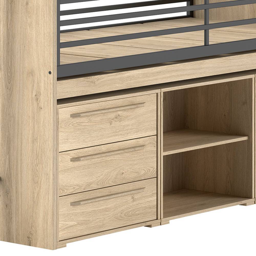 Stauraum-Hochbett mit drei Schubladen und zwei offenen Regalfächern in heller Holzoptik – Choice