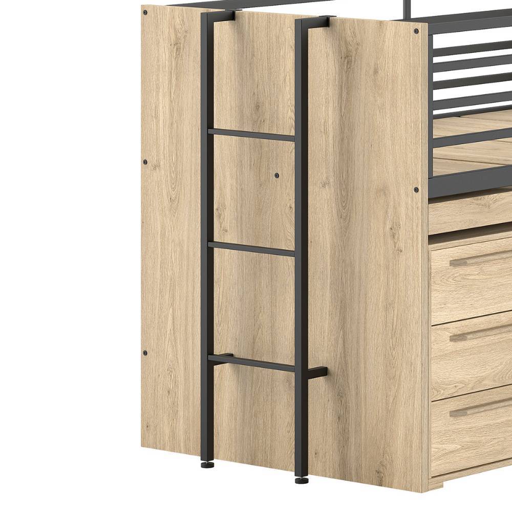 Stabile schwarze Metallleiter für sicheren Aufstieg zum Kinderhochbett mit Holzoptik-Seitenwand – Choice