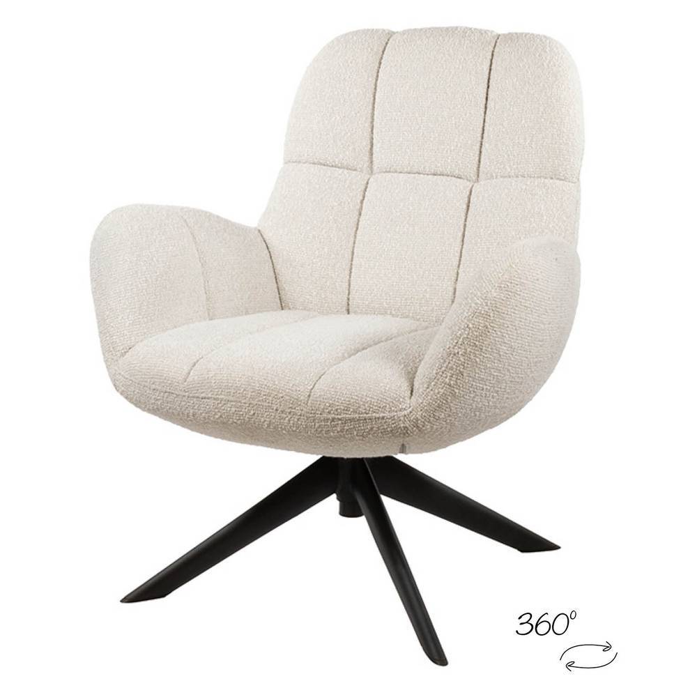 Drehbarer Boucle-Sessel in Cremeweiß mit schwarzem Sternfuß und 360-Grad-Funktion – Dresinas