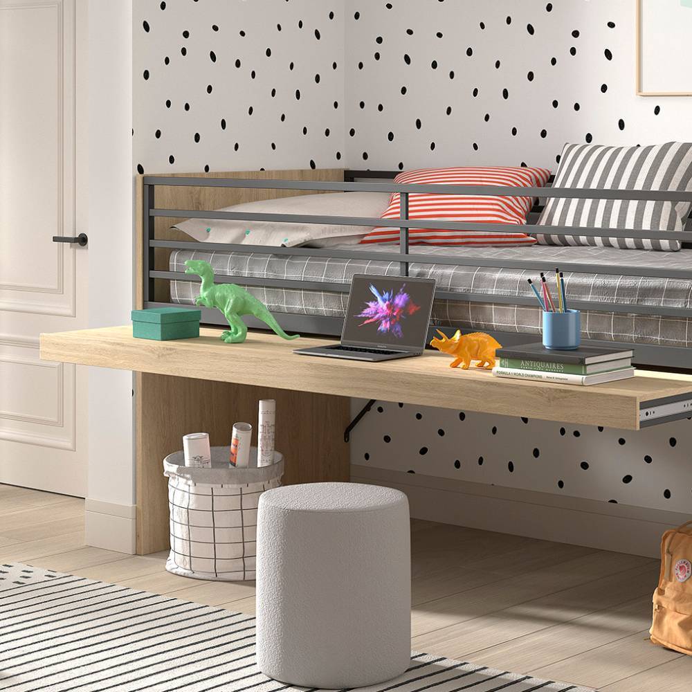Modernes Kinderhochbett mit integriertem Schreibtisch und Stauraum in heller Holzoptik und schwarzem Metall – Choice