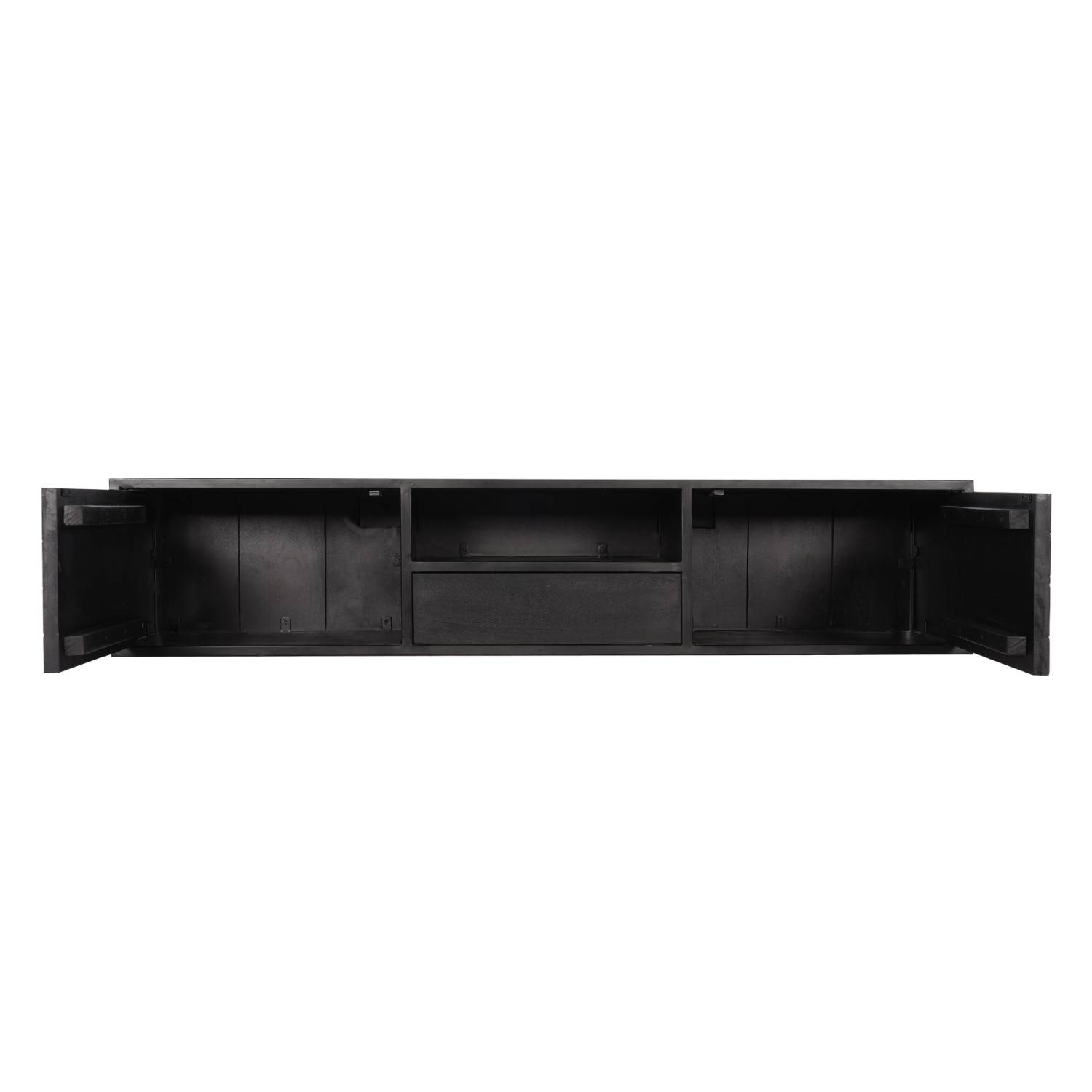 Schwarzes TV Board aus Mangoholz mit geöffneten Fächern und praktischer Schublade – Lida