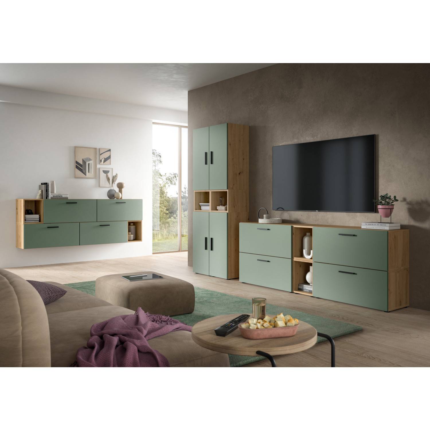 Wohnwand-Kombination mit hängender Medienwand, Hochschrank und TV-Board in Salbeigrün – Jonni