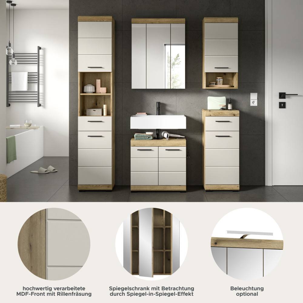 Badmöbel Set mit MDF-Fronten, Spiegelschrank mit Spiegel-in-Spiegel-Effekt und optionaler Beleuchtung – Casserra