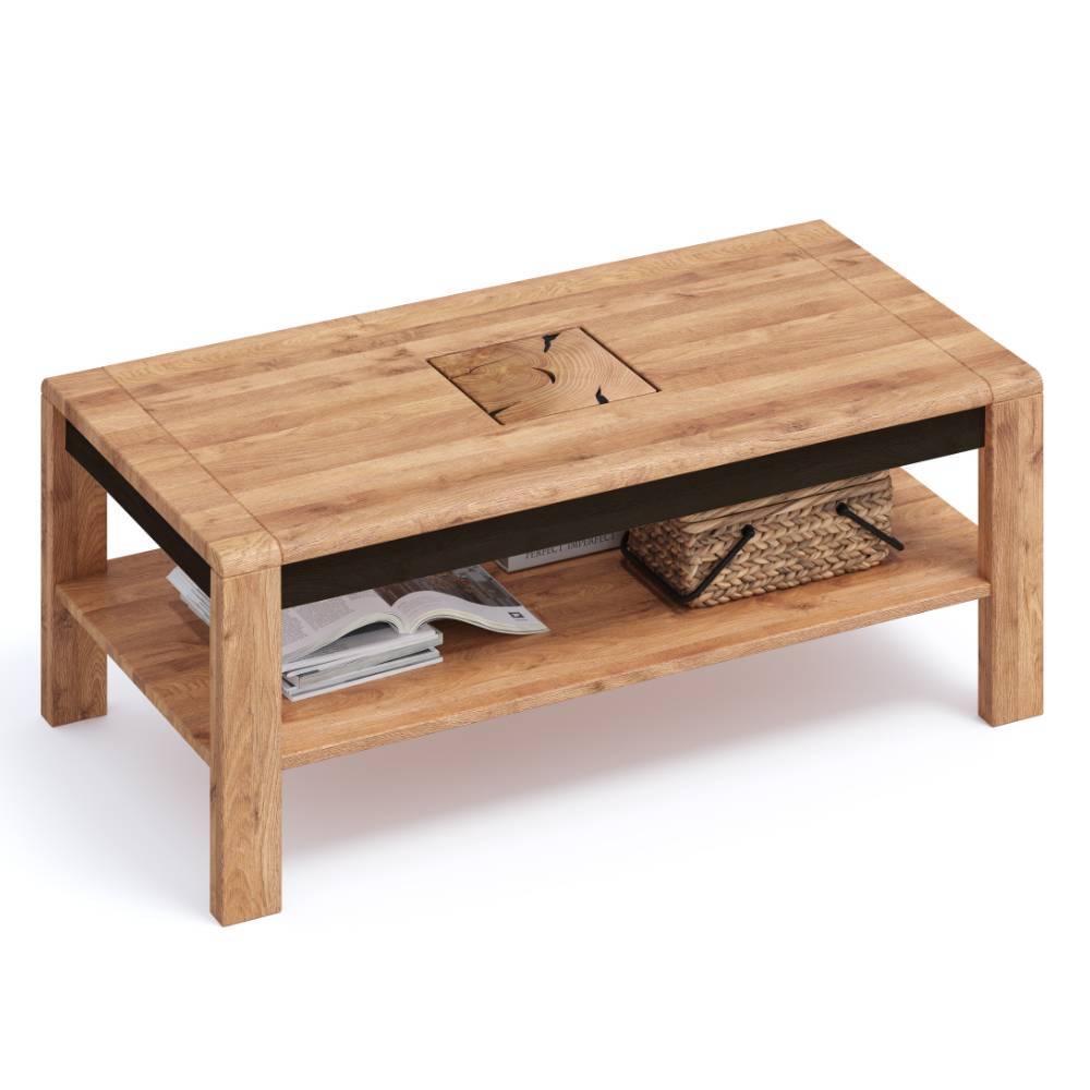Moderner Wohnzimmertisch aus Eichenholz mit offener Ablage und besonderem Hirnholz-Inlay – Shipper