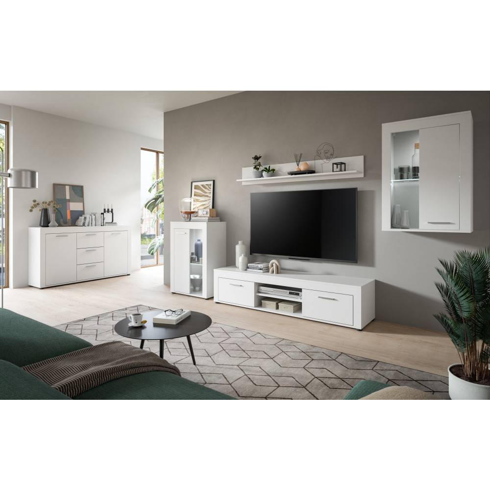 Weißes TV Möbel Set mit Lowboard, Wandregal und zwei Vitrinen im modernen Wohnzimmer – Furoro