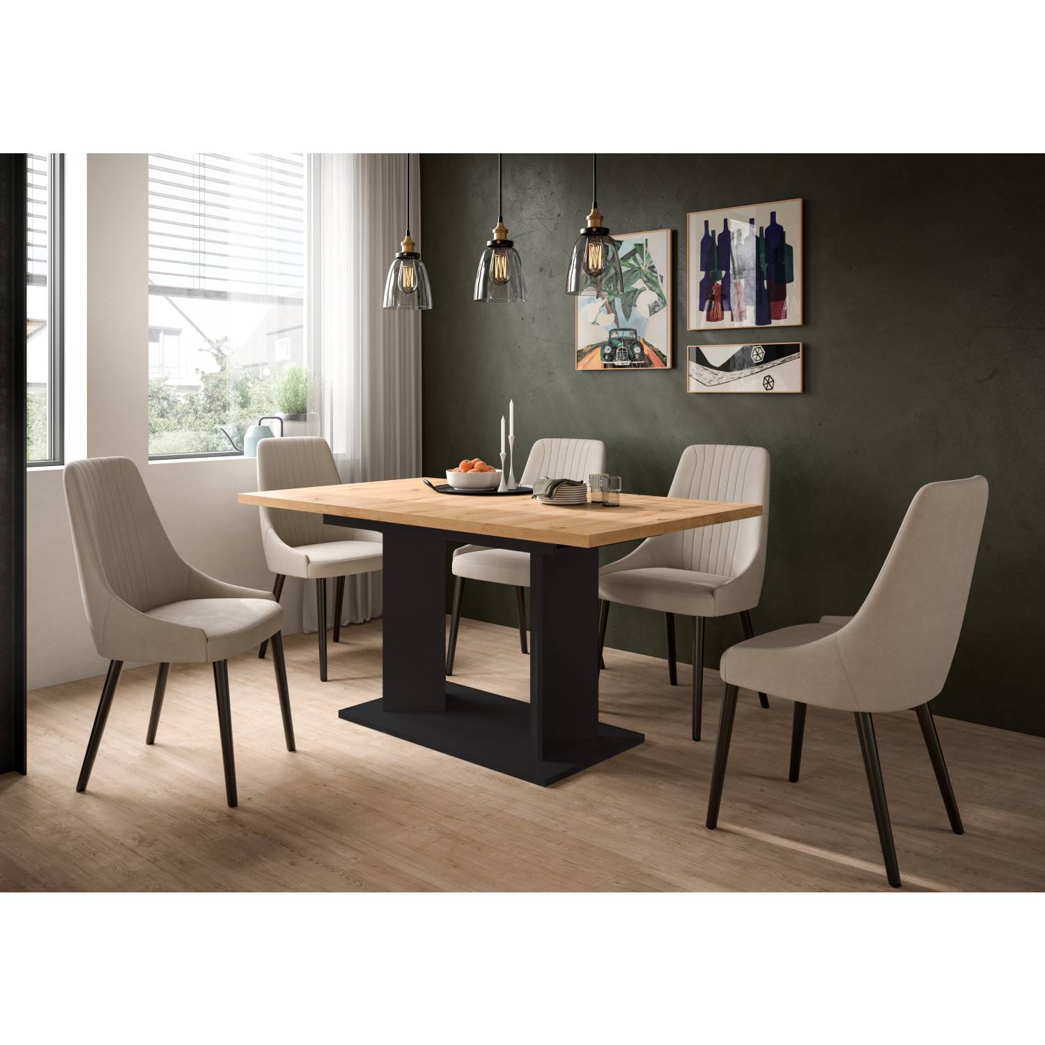 Moderner Esszimmertisch ausziehbar mit heller Holzplatte und schwarzen Metallbeinen – Norjan