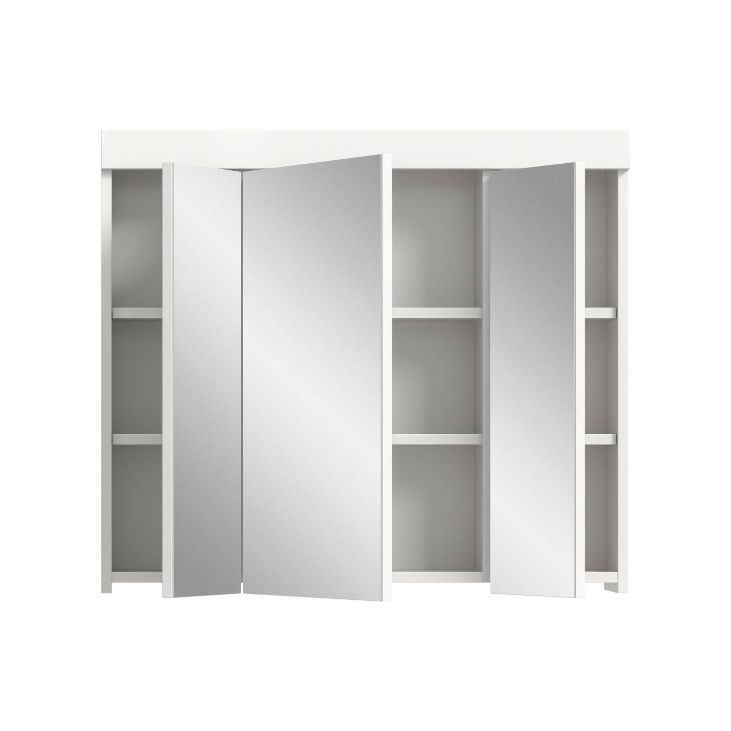 Weißer Badspiegelschrank mit drei offenen Spiegeltüren und Regalfächern – Bruna