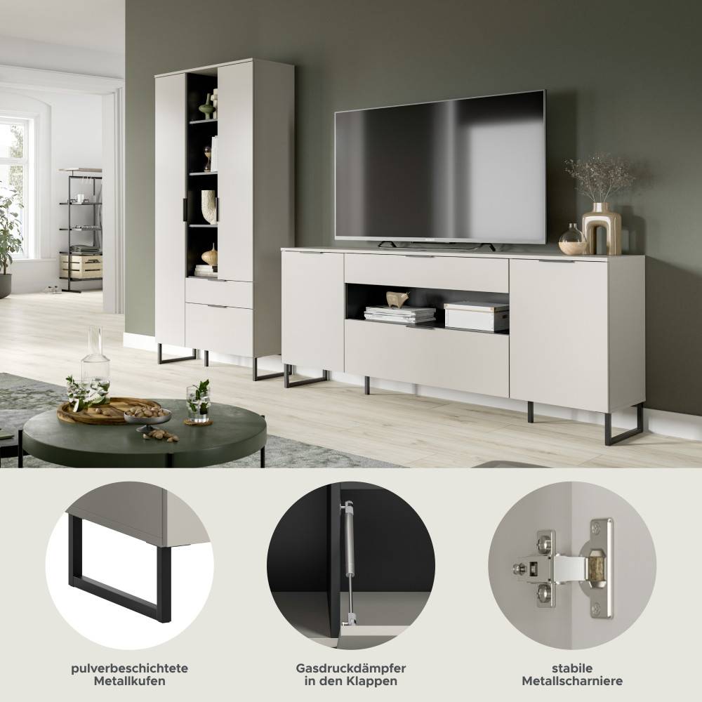 Details der Wohnzimmer Anbauwand mit Metallkufen, Gasdruckdämpfern und Scharnieren – Ostinia