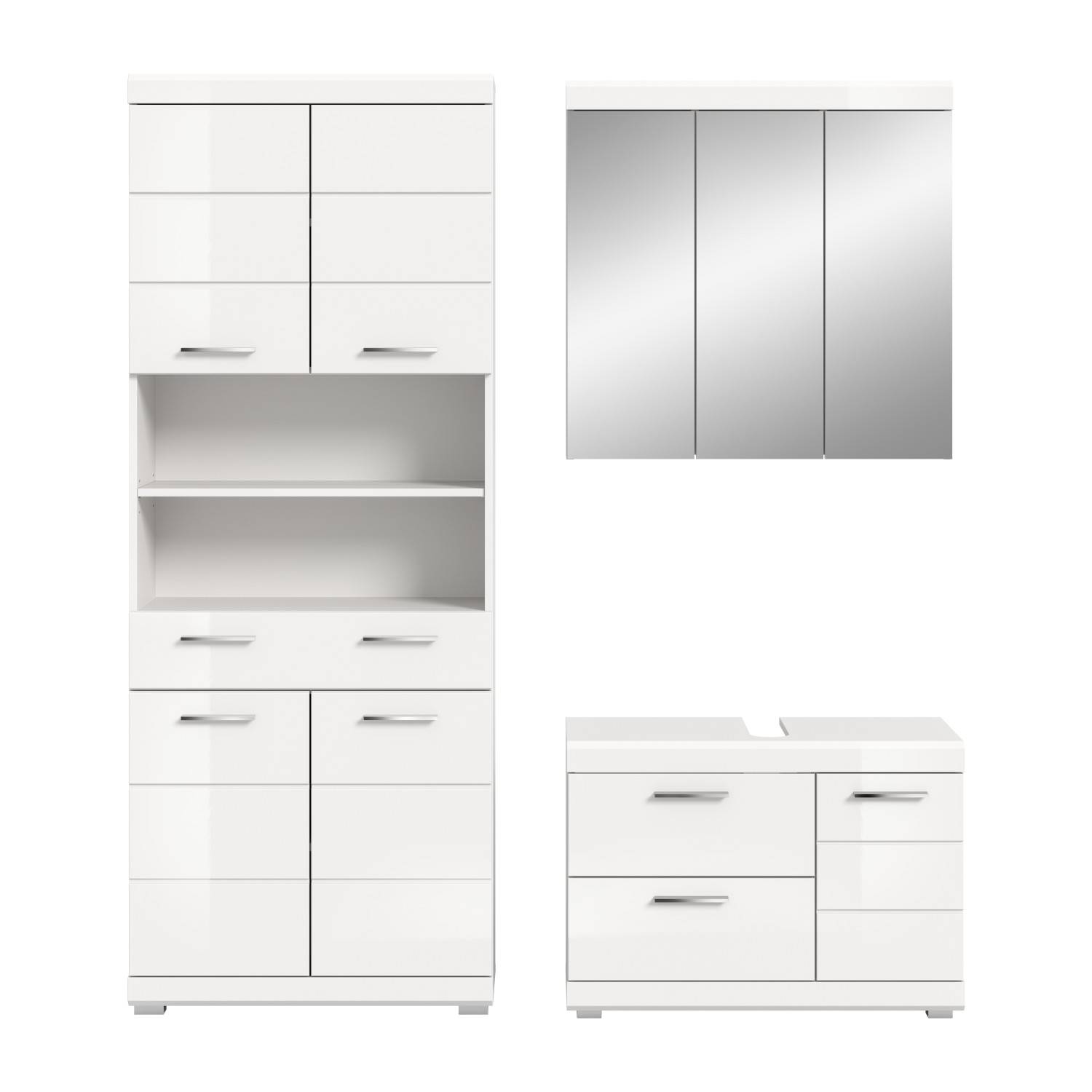 Dreiteiliges weißes Hochglanz Badezimmermöbel Set mit Spiegelschrank, Hochschrank und Waschtischunterschrank – Nanila