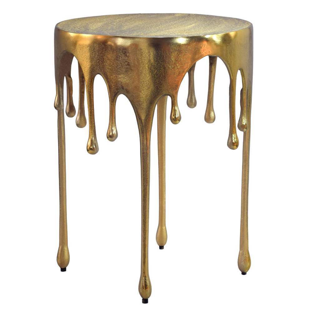 Goldfarbener Design-Beistelltisch mit einzigartiger zerlaufender Optik und runder Tischplatte – Straits