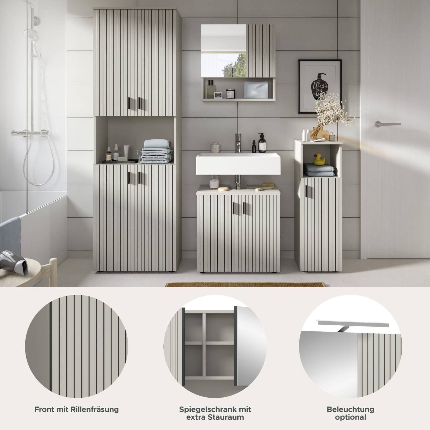 Badezimmer Möbelset mit gerillter Lattenfront, Spiegelschrank und optionaler Beleuchtung – Loktos