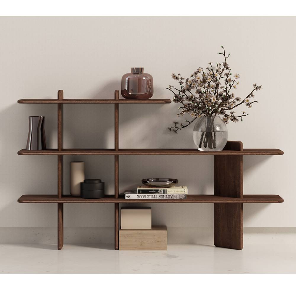 Modernes Wandregal aus Eichenholz in Tabacco geölt mit Büchern und Vase – Jayva