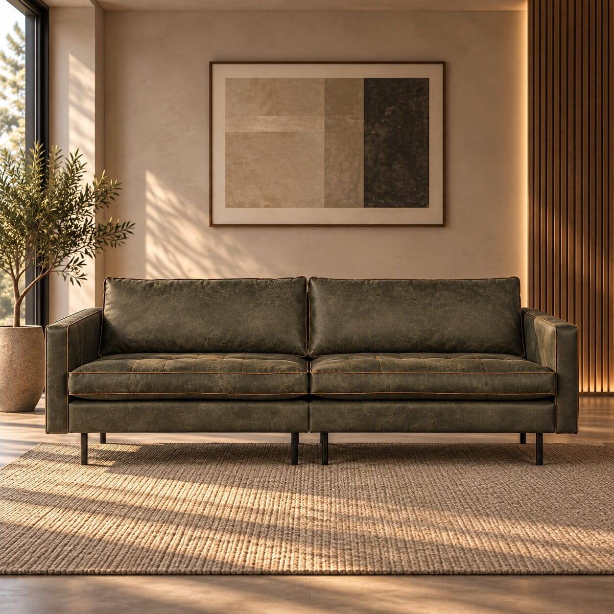 275cm breite Ledercouch in Oliv Grün - Nasallo