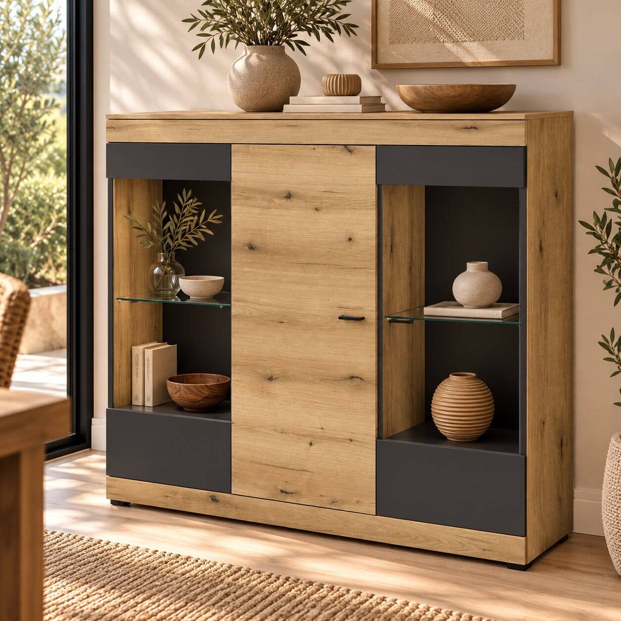 Highboard Vitrine in Eiche Optik - Addara