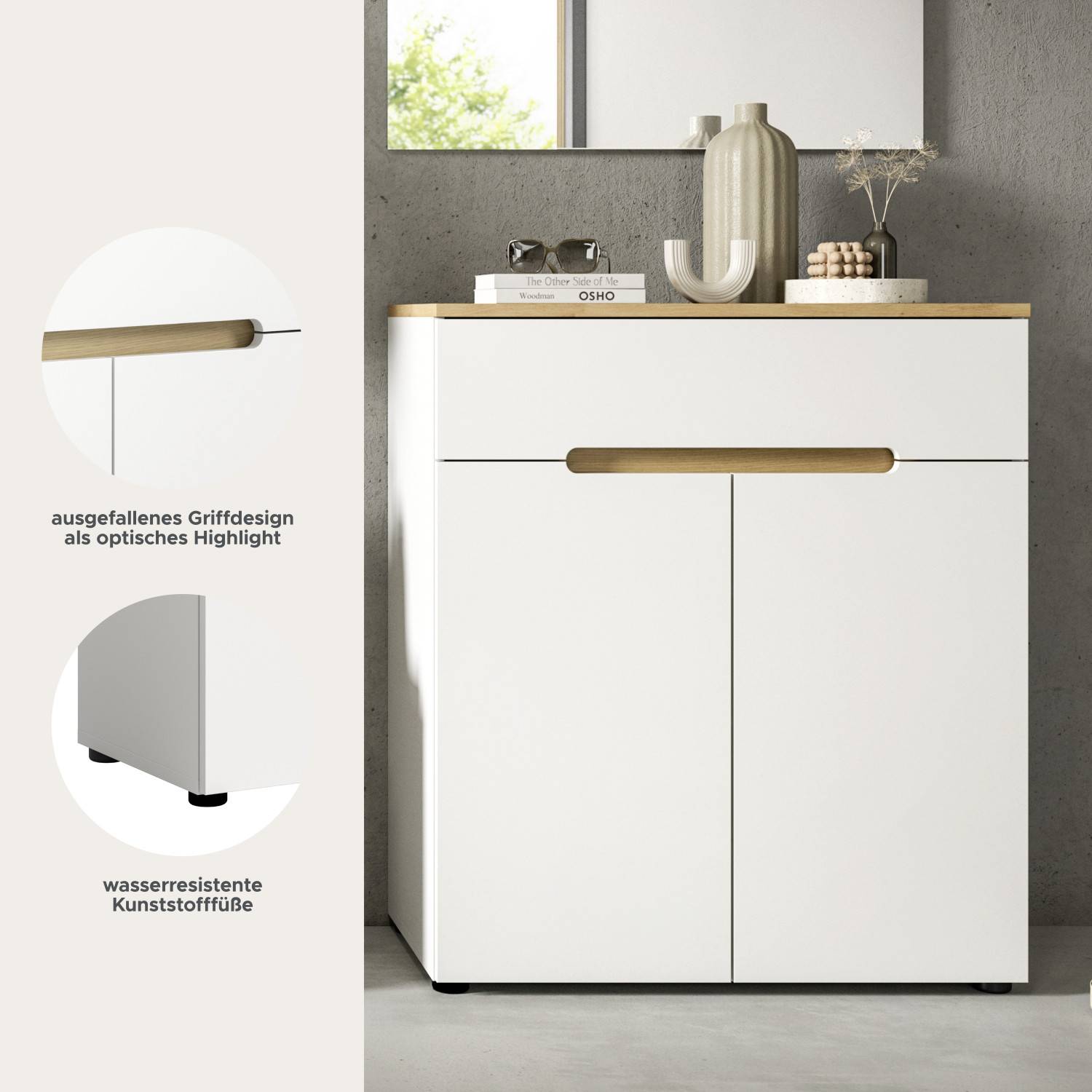 Weiße Flurkommode mit ausgefallenem Griffdesign und wasserresistenten Kunststofffüßen – Sandy